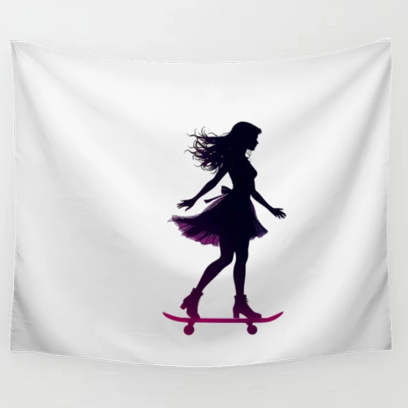 Graceful Feminine Skateboarding Silhouette in Purple Tapestry