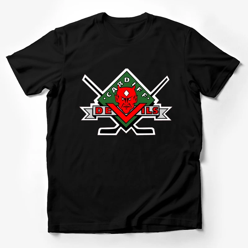 Cardiff Devils Hockey Team Logo with Red Devil Mascot Male T-Shirt