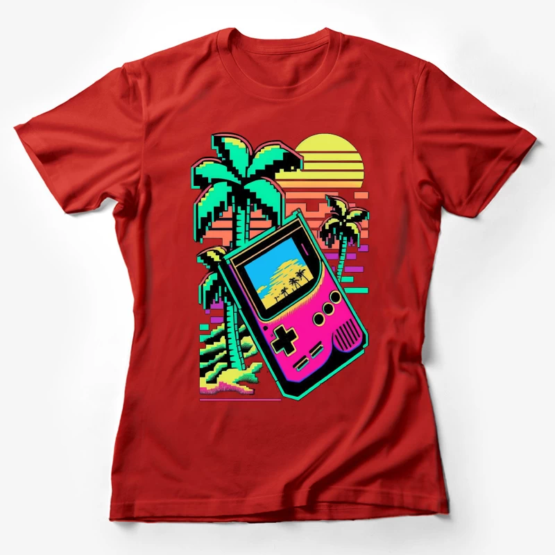 Retro gaming pixel art palm trees handheld console 8-bit graphics tropical scene Female T-Shirt
