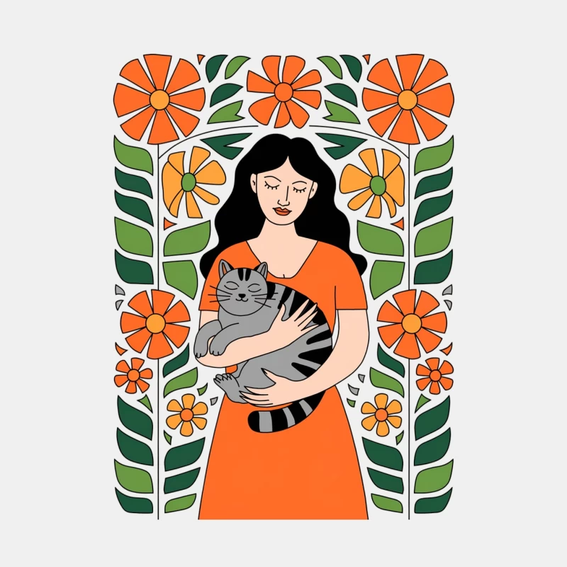 Retro Floral Illustration: Woman in Orange Holding Cat Male Tank Top