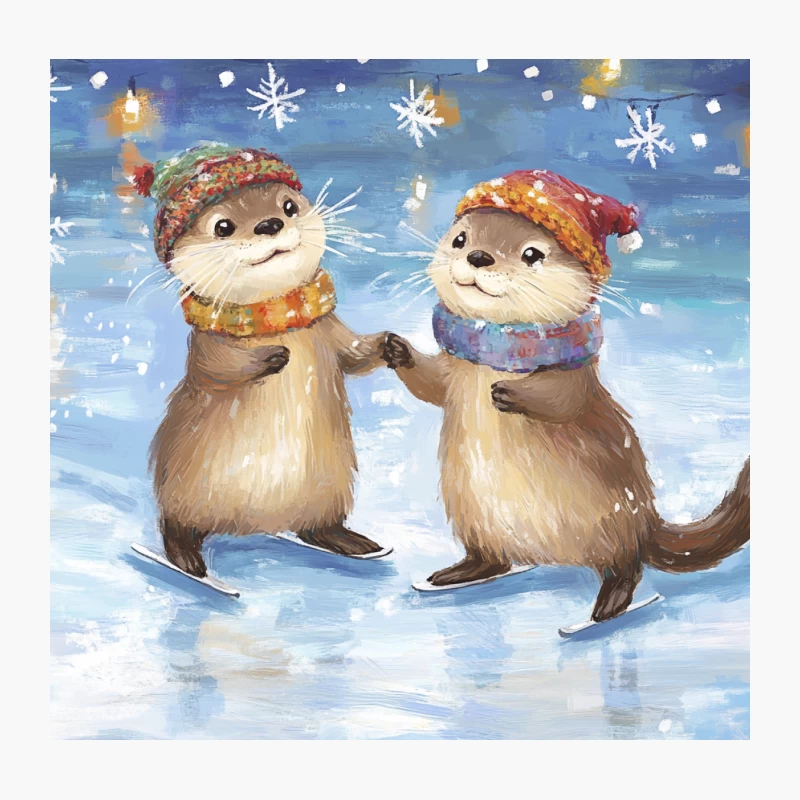 Cute Winter Otters Dancing in Snow Throw Pillow