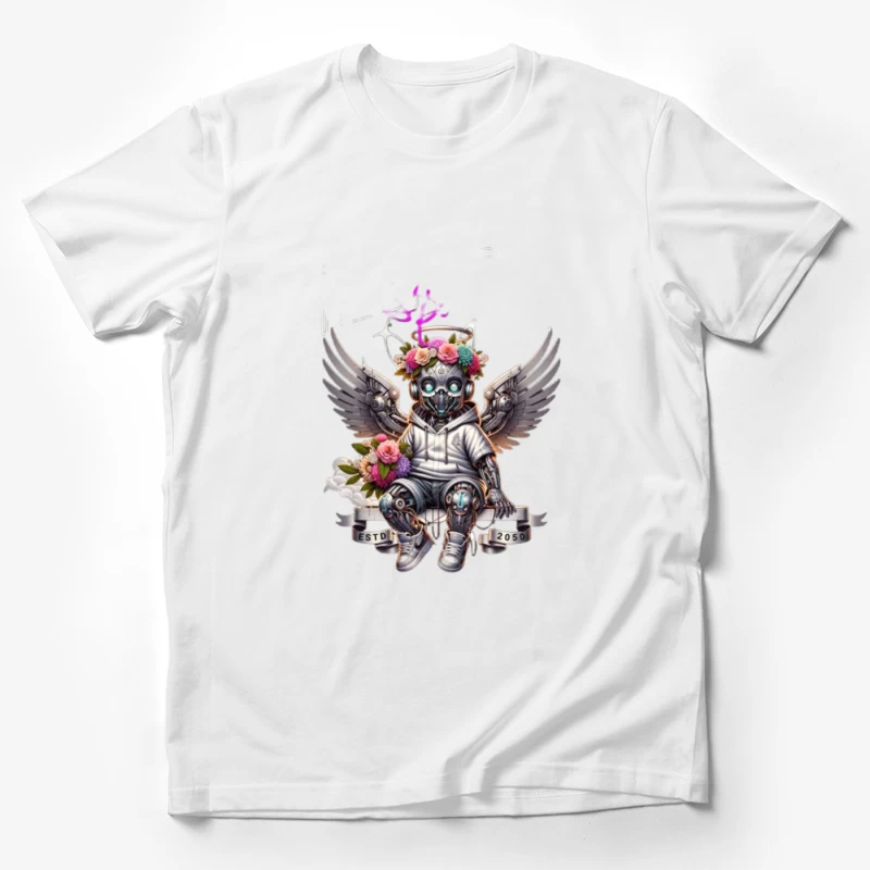 Angelic Steampunk Robot with Floral Crown and Wings Male T-Shirt