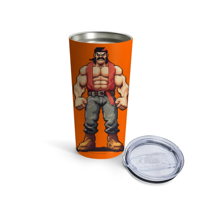 Retro Pixel Art Muscular Fighter in Red Vest Travel Mug