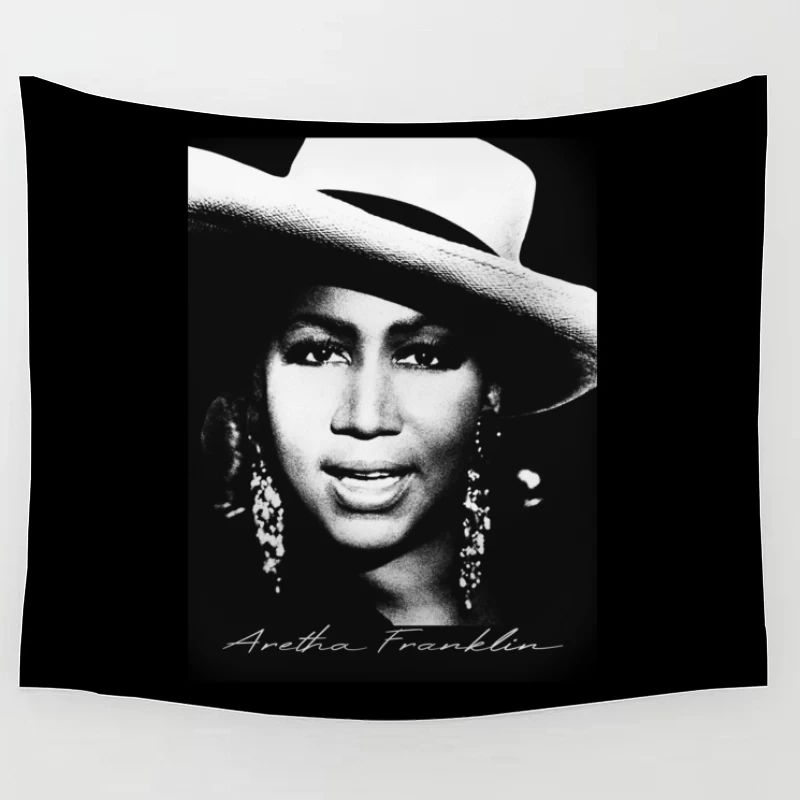 Classic Black and White Portrait with White Hat and Statement Jewelry Tapestry