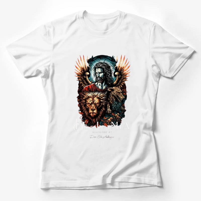 Mystical Religious Gothic Art with Lion and Angel Wings Female T-Shirt