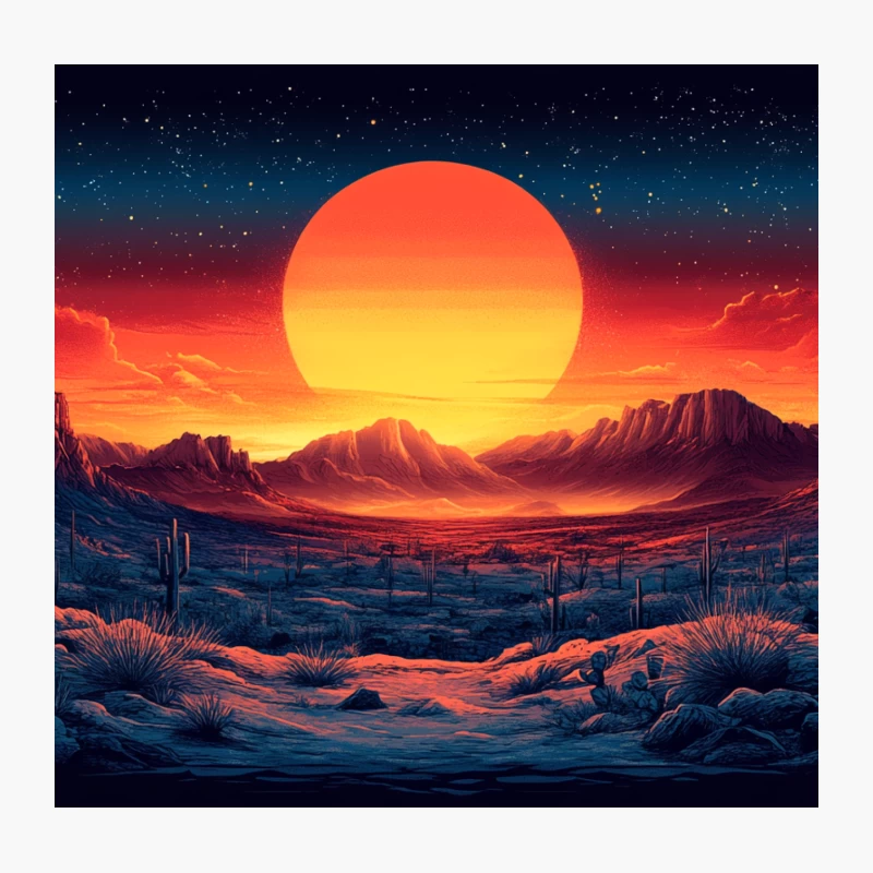 Vibrant Sci-Fi Desert Sunset with Cactus and Mountains Throw Pillow