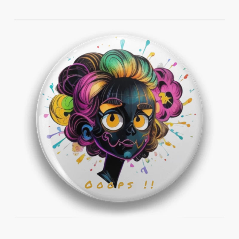 Whimsical Cartoon Character with Rainbow Hair and Paint Splashes Pin