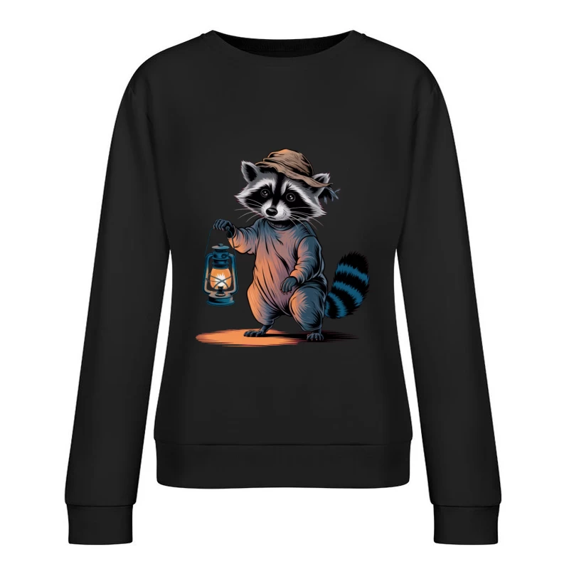 Whimsical Raccoon's Nighttime Adventure with Lantern and Hat Female Pullover Sweatshirt