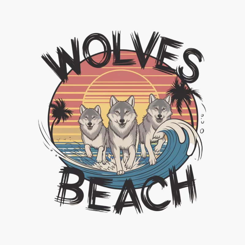 Retro Wolves Beach Sunset Surf Design Cotton Tote Bag