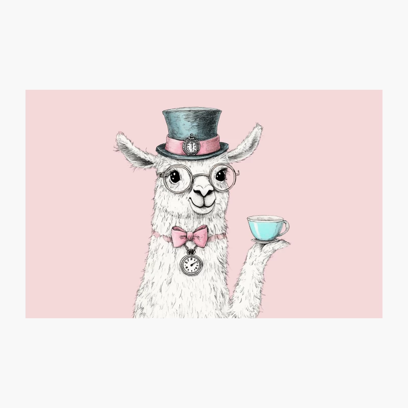 Whimsical Illustrated Llama in Top Hat and Glasses Holding Teacup Travel Mug
