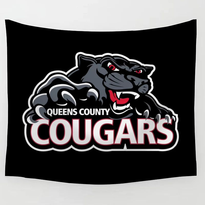 Queens County Cougars Sports Team Logo with Black Cougar Mascot Tapestry