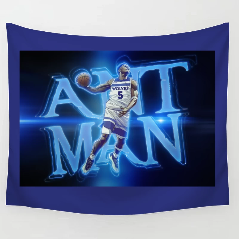 Minnesota Timberwolves Player in Dynamic Neon Blue Basketball Art Tapestry