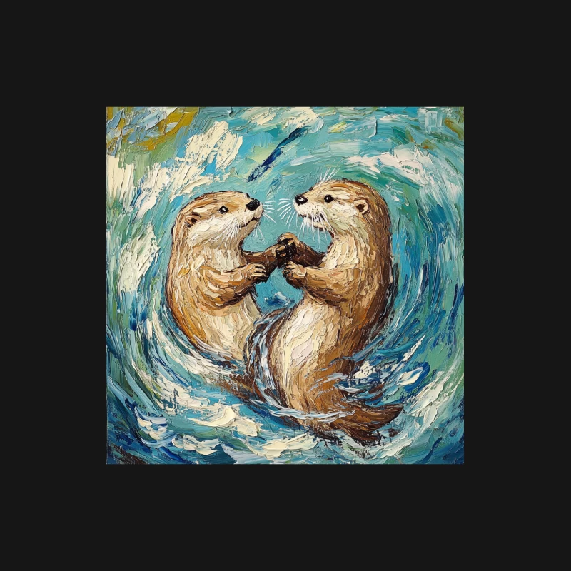 Playful Otters Swimming in Swirling Waters Art Painting Male Long Sleeve T-Shirt