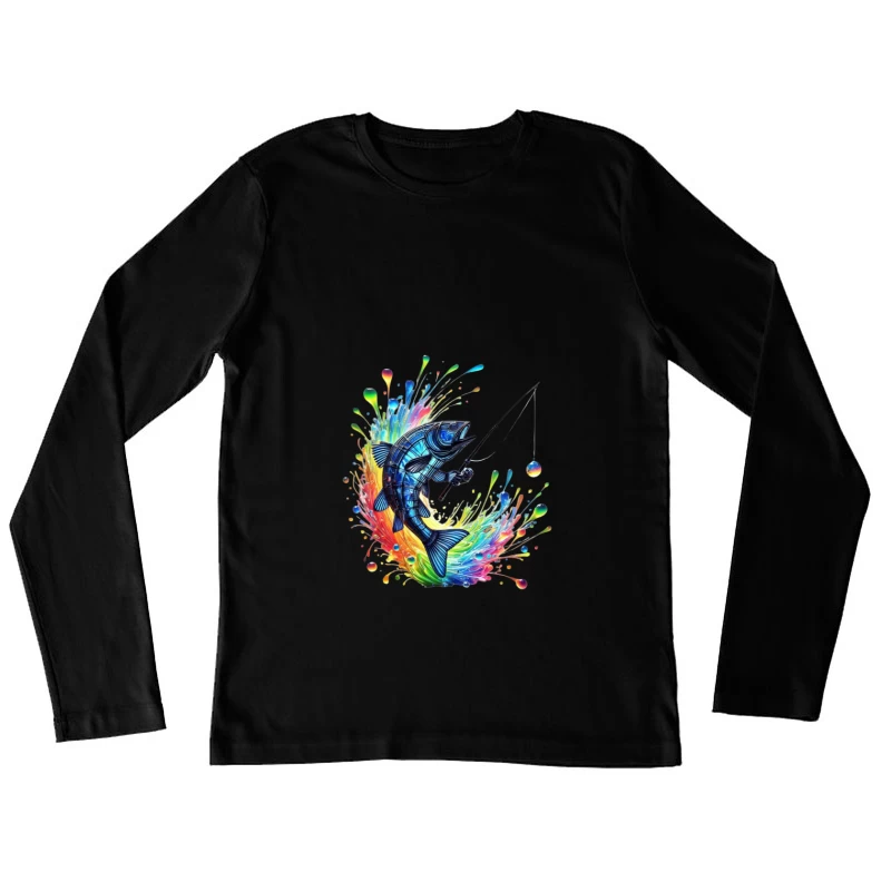 Rainbow Splatter Fish with Fishing Rod Art Female Long Sleeve T-Shirt