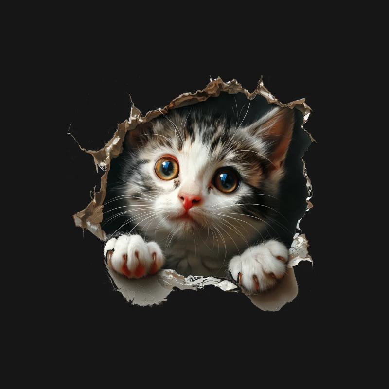 Kätzchen schaut durch Loch in Papier Herren T-Shirt