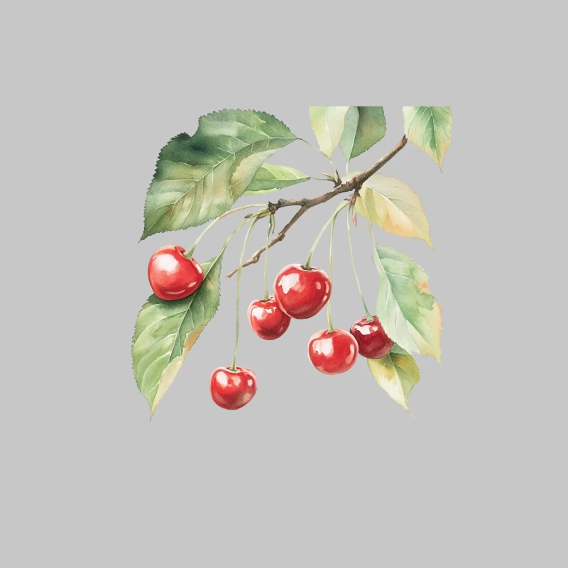 Watercolor Botanical Illustration of Cherry Branch with Ripe Fruit Male Long Sleeve T-Shirt