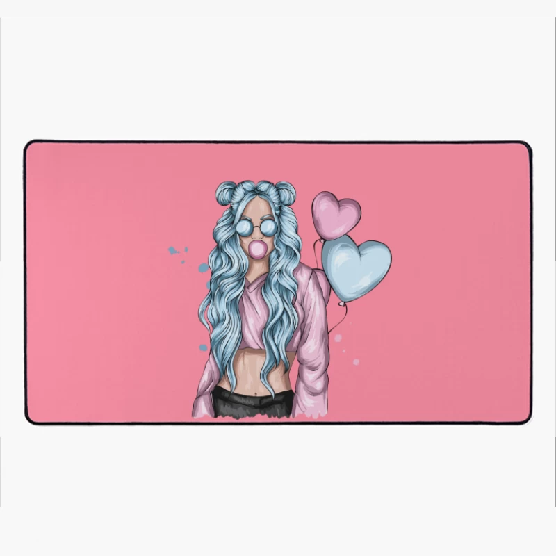 Girl with Blue Hair and Hearts Desk Mat