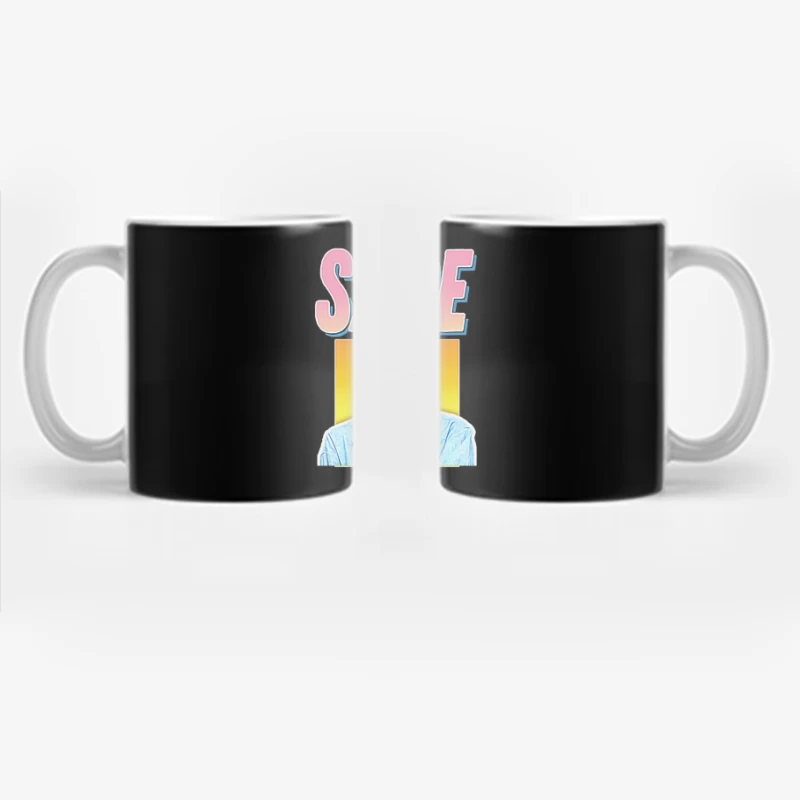 Stylized Pop Art Portrait with Pink "SADE" Text Coffee Mug