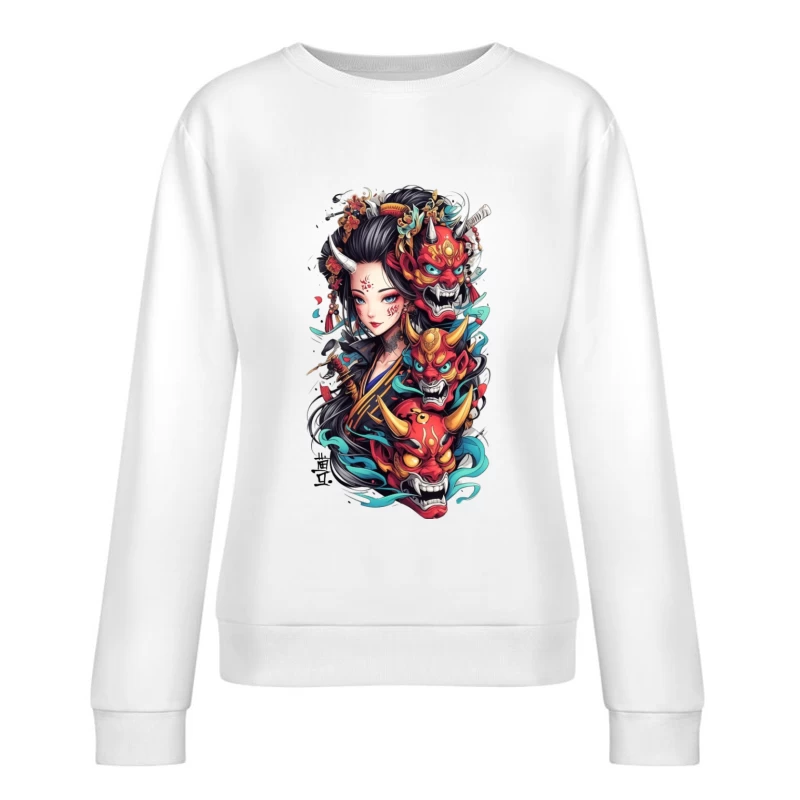 Geisha mit Oni-Masken und Blumen Damen Pullover Sweatshirt