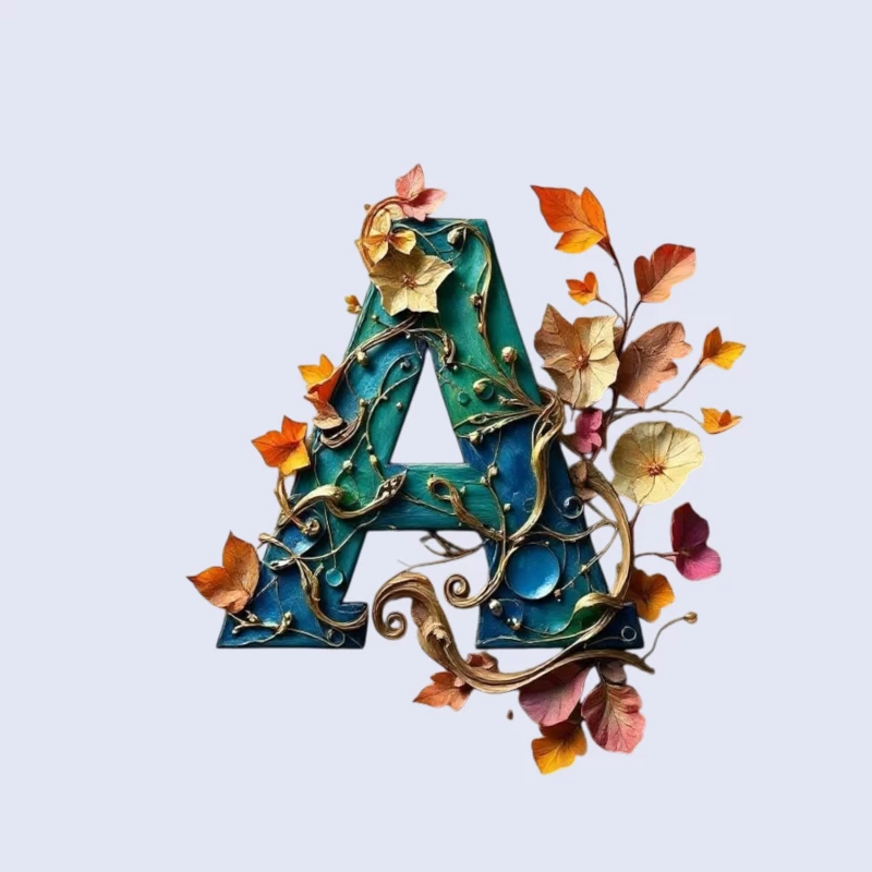 Ornate Teal Letter A with Autumn Floral Embellishments Throw Pillow