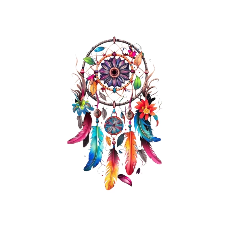 Colorful Dreamcatcher with Feathers and Flowers Tapestry