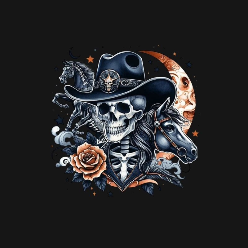 Skeleton Cowboy with Horses and Floral Elements Male T-Shirt