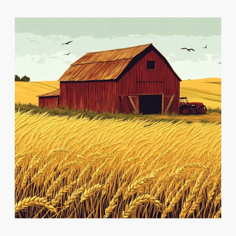Rustic Red Barn in Golden Wheat Field: A Rural Harvest Scene Throw Pillow
