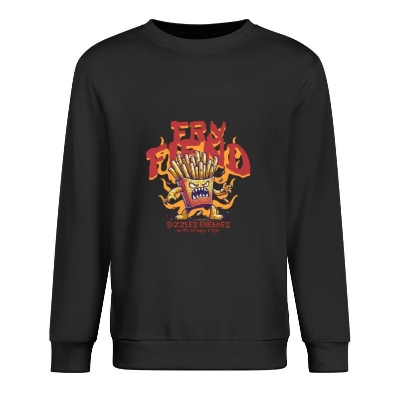 Angry French Fries Monster Character with Flames Illustration Male Pullover Sweatshirt