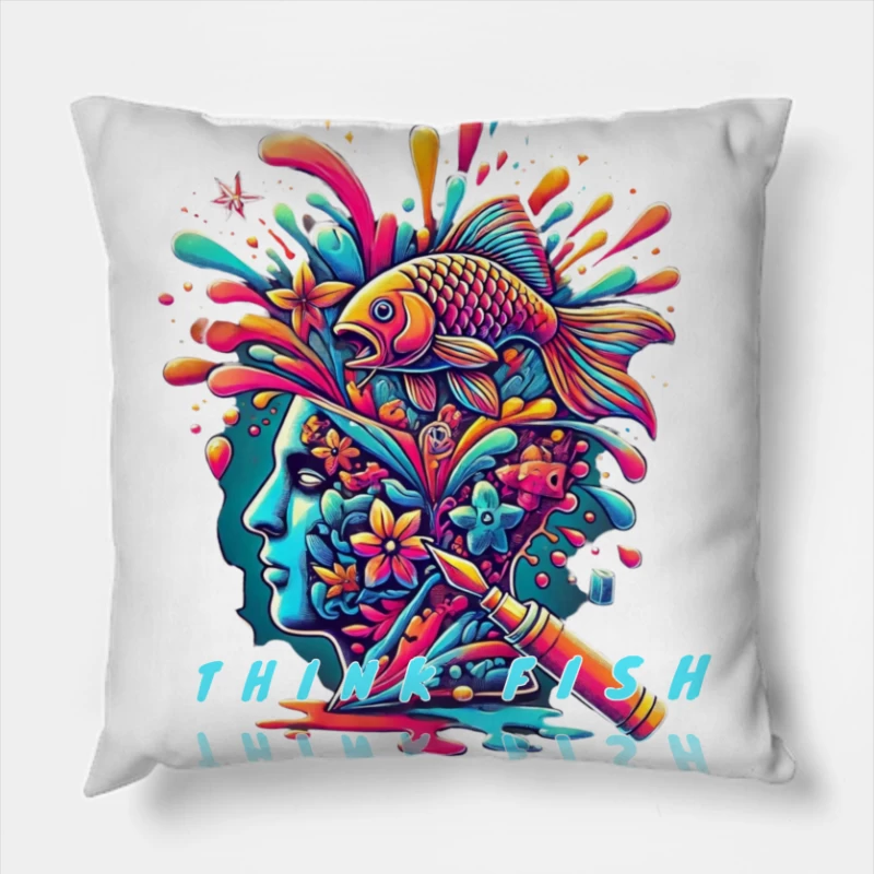 Psychedelic Mind Splash with Fish and Flowers Throw Pillow