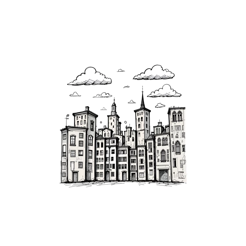 Stylized Black and White Cityscape Illustration Travel Mug
