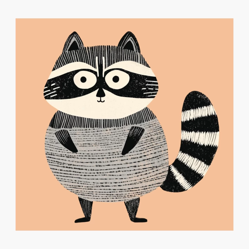 Cute Black and White Cartoon Raccoon Illustration with Striped Tail Throw Pillow