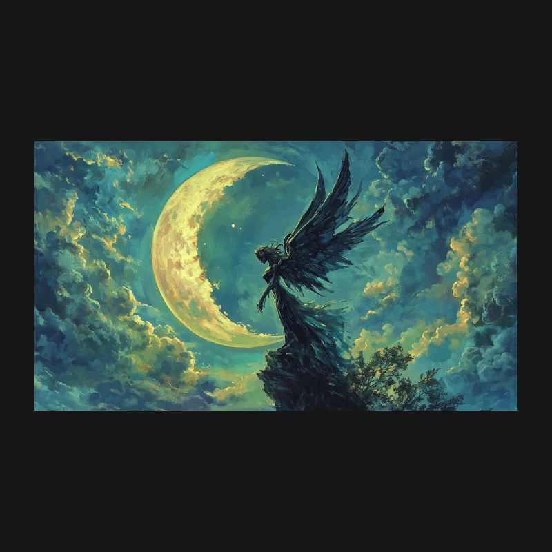 Ethereal Winged Figure Under Mystical Crescent Moon Desk Mat