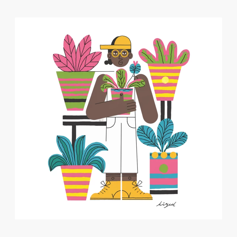 Vibrant Illustration of Plant Enthusiast Surrounded by Colorful Potted Houseplants Throw Pillow