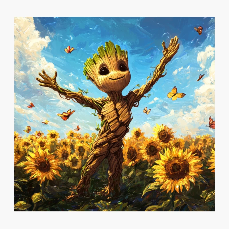 Joyful Groot Dancing Among Sunflowers and Butterflies Throw Pillow