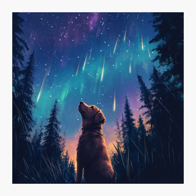 Stargazing Dog: A Canine's Wonder Under Meteors and Northern Lights Pin