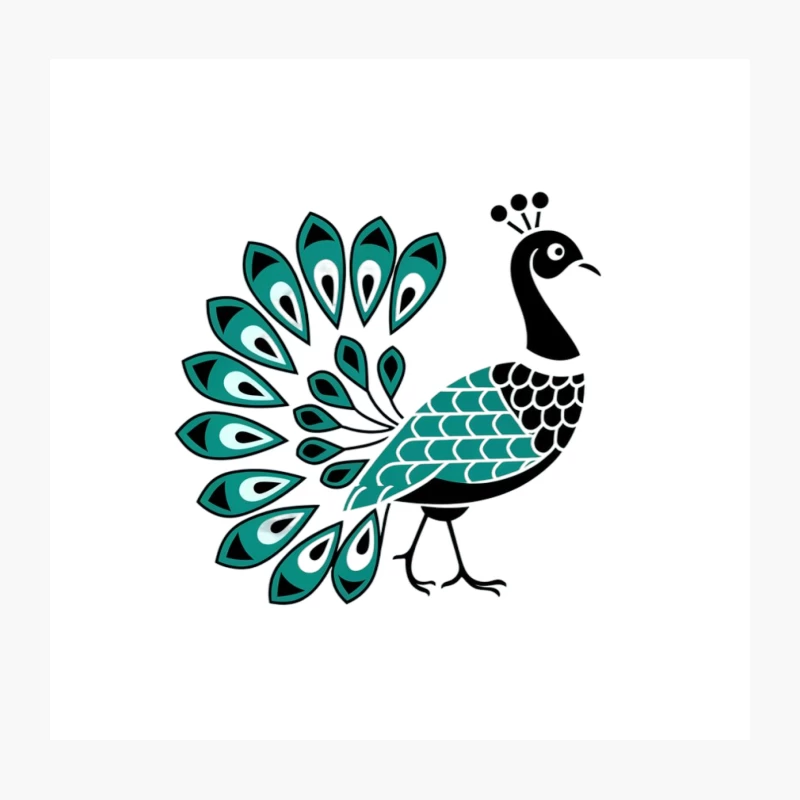 Stylized Geometric Peacock Illustration in Teal and Black Throw Pillow