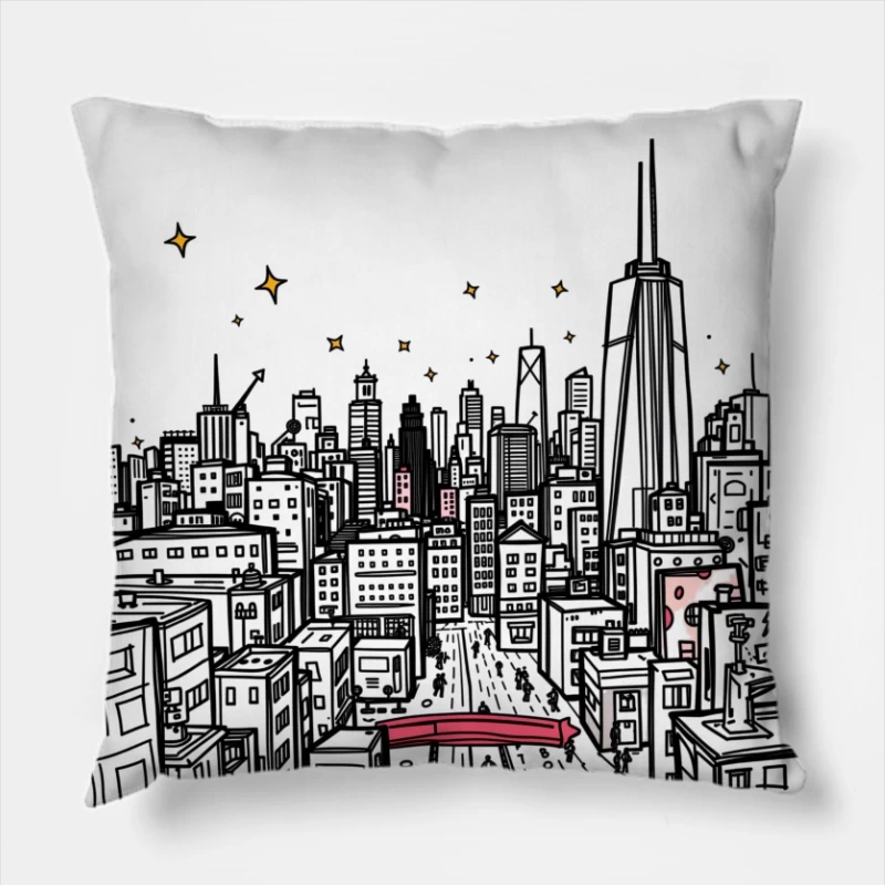 Nighttime Cityscape Illustration Throw Pillow