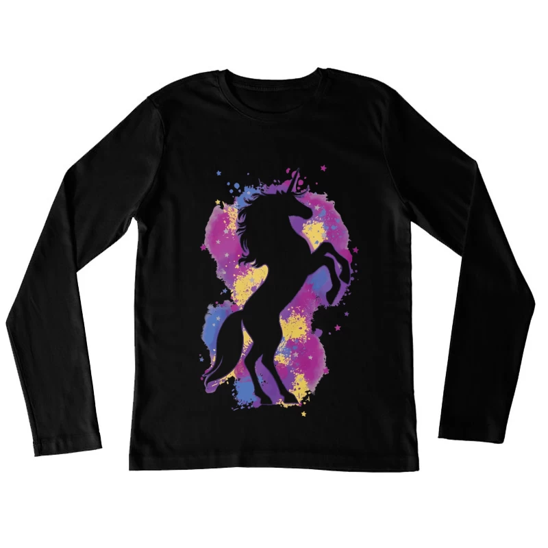 Farbiger Einhorn-Schatten mit Sternen Damen Langarm T-Shirt