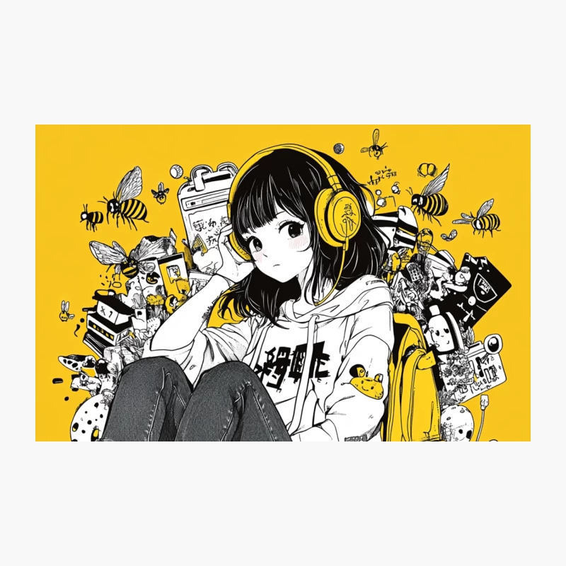 Anime Girl with Headphones Surrounded by Colorful Clutter Travel Mug