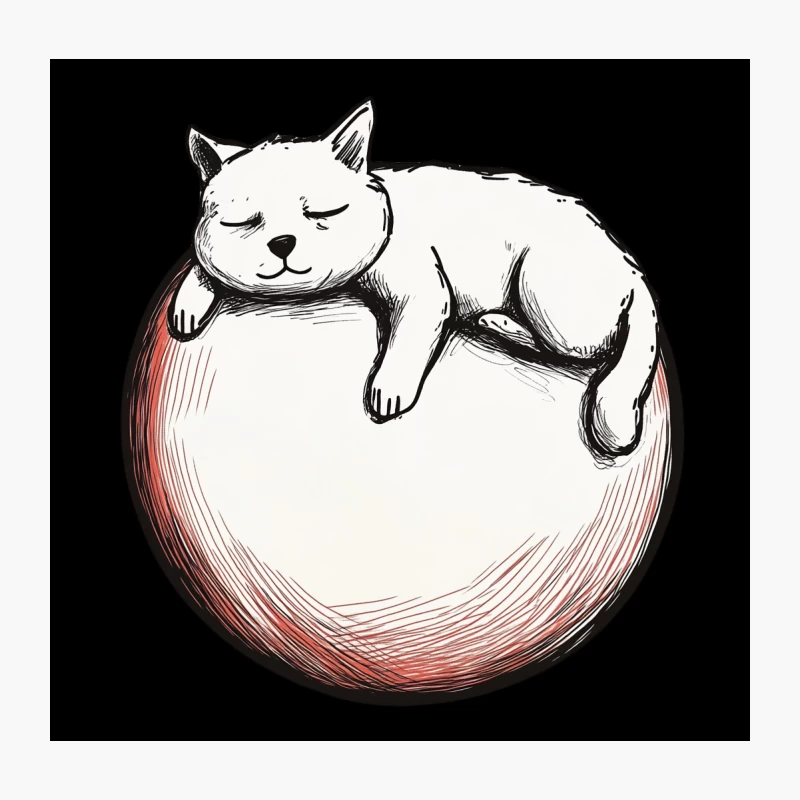 Sleepy Cat on Spherical Perch: Minimalist Sketch Illustration Throw Pillow