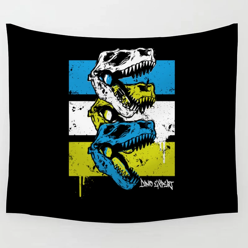 Layered T-Rex Skulls: Grunge Street Art Aesthetic Tapestry