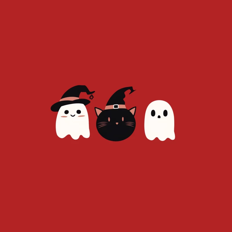 Cute Halloween Ghosts and Cat with Witch Hats Female T-Shirt