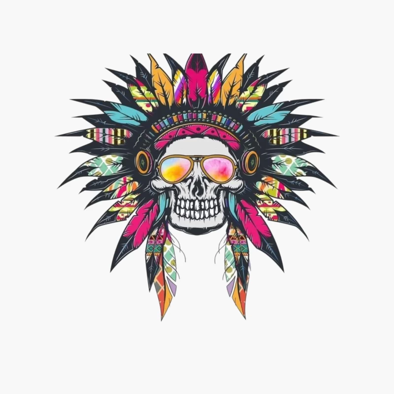 Colorful Skull with Headdress and Sunglasses Cotton Tote Bag