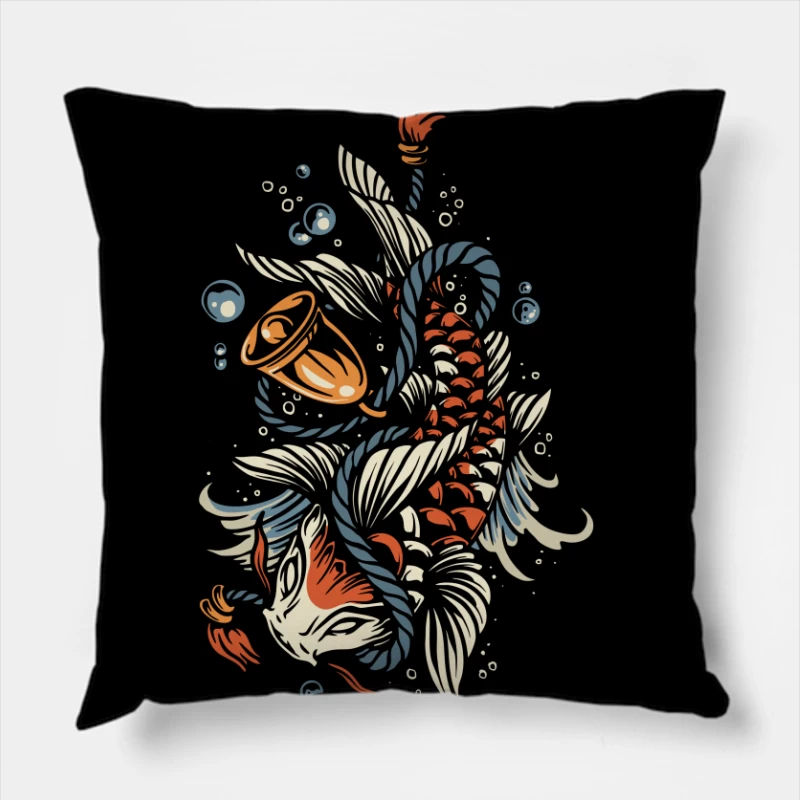 Koi Fish Tattoo Illustration with Bubbles Throw Pillow