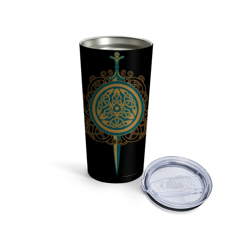 Intricate Celtic Knot Shield and Sword Design Travel Mug