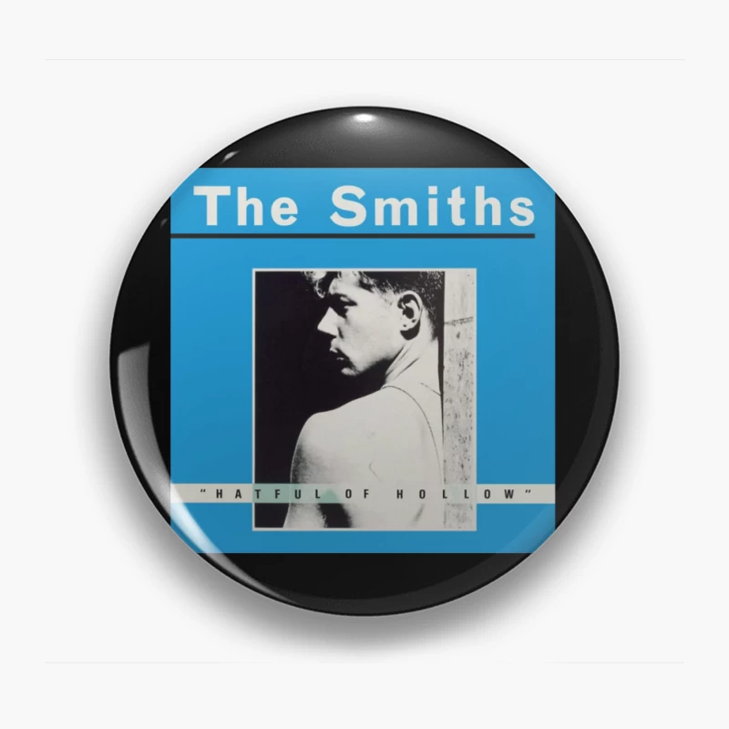 The Smiths "Hatful of Hollow" Album Cover with Black and White Portrait on Blue Background Pin