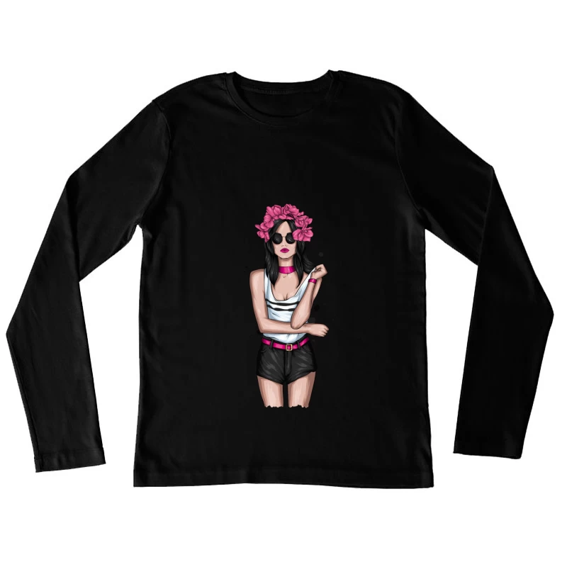 Chic Woman in Sunglasses with Floral Headband Female Long Sleeve T-Shirt