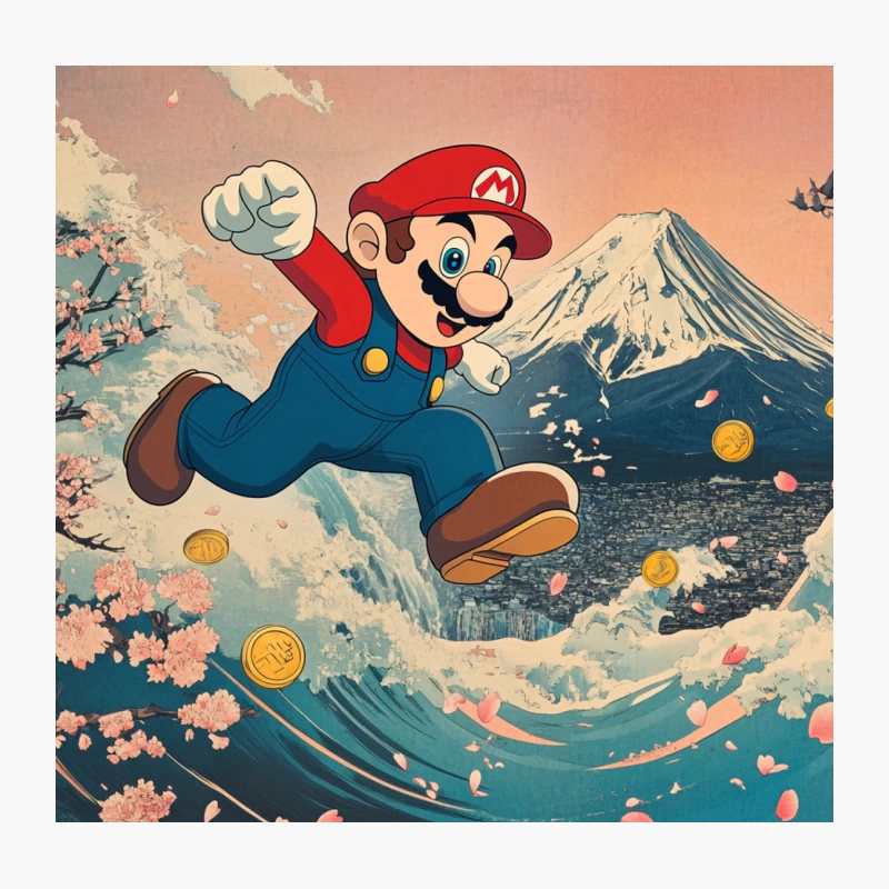 Mario Surfing a Wave in Japanese-Inspired Video Game Art Throw Pillow