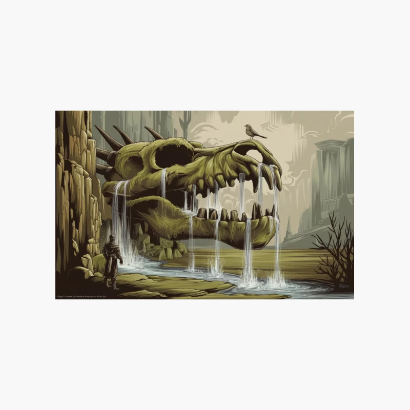 Surreal Dinosaur Skull Waterfall in Fantasy Ruins Cotton Tote Bag