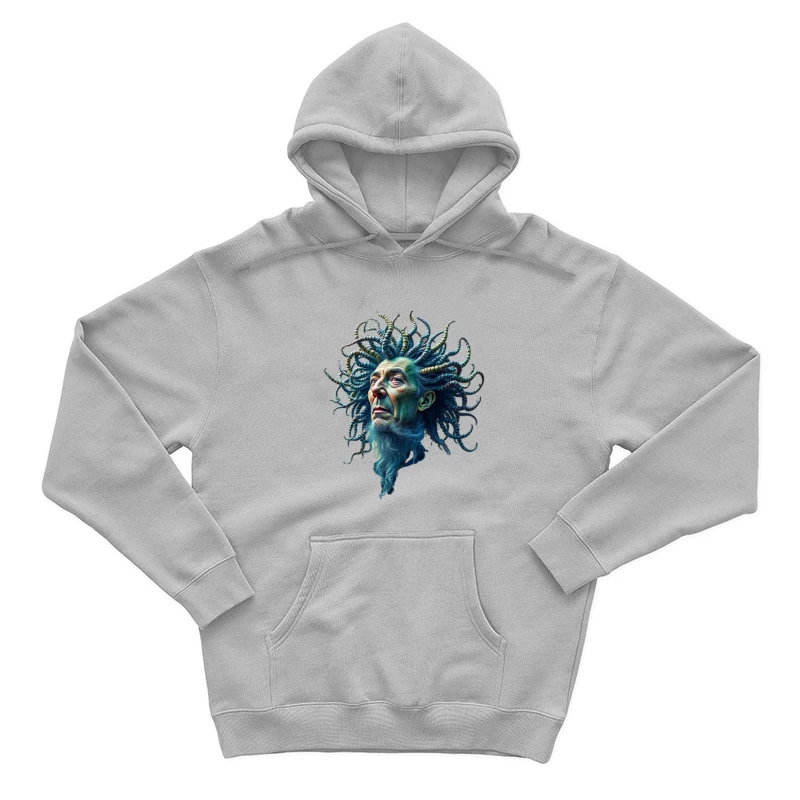 Surreal Medusa-Inspired Portrait with Blue Tentacles Male Pullover Hoodie